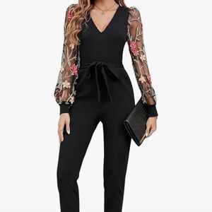 Elegant Black Jumpsuit with Floral Sleeves